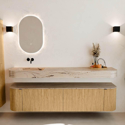 MONDIAZ THOR-DLUX 190cm meuble de salle de bains arrondi gauche + droite couleur Oak avec 2 tiroirs et 2 portes. Vasque suspendue CLOUD Gauche sans trou de robinet couleur Arena.