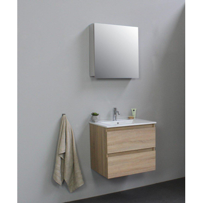 Basic Bella Meuble lavabo céramique avec 1 trou de robinet avec armoire de toilette à 1 porte grise 60x55x46cm Flat Pack Chêne