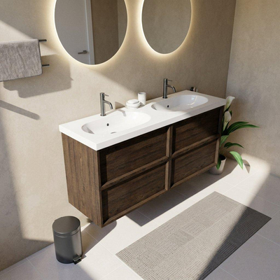 Saniclass Holz Frame Ensemble meuble de salle de bains - 140x45x63.5cm - lavabo Palermo en céramique blanc - 2 vasques - 2 trous de robinetterie - 4 tiroirs - chêne charcoal mat (bois)