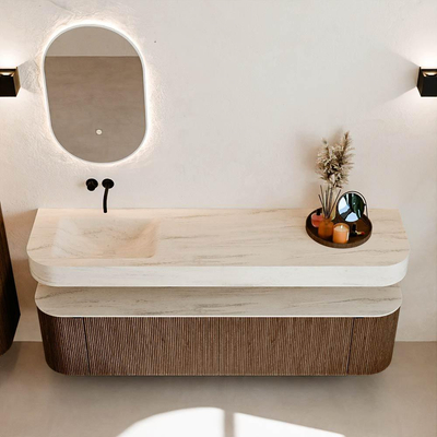MONDIAZ THOR-DLUX 180cm badmeubel ronding links + rechts kleur Walnut met 2 lades en 2 deuren. Vrijhangende wastafel CLOUD Links zonder kraangat kleur Meli.