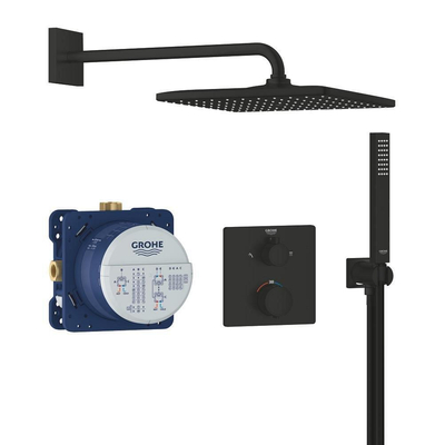 Grohe Precision Thermostat Perfect Doucheset - hoofddouche vierkant - staafhanddouche - inclusief wandaansluitbocht - matte black (mat zwart)