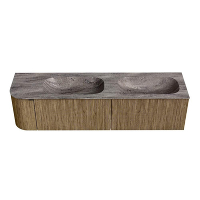 MONDIAZ KURVE-DLUX 175cm meuble de salle de bains arrondi Gauche couleur Dusk avec 2 tiroirs et 1 porte. Lavabo STOR SMALL Double / Droite sans trou de robinet Oza.