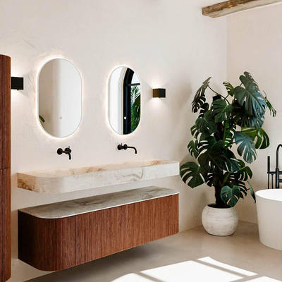 MONDIAZ THOR-DLUX 160cm meuble de salle de bains arrondi gauche + droite couleur Ruby avec 1 tiroir et 2 portes. Vasque suspendue CLOUD Double sans trou de robinet couleur Frappe.