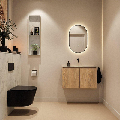 MONDIAZ TURE-DLUX Meuble toilette - 80cm - Washed Oak - EDEN - vasque Opalo - position centrale - sans trou de robinet
