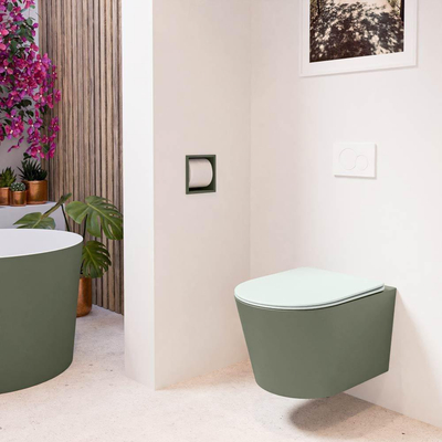 Mondiaz LAVIE hangtoilet – spoelrandloos – 36 x 53 cm – met softclose zitting – Army (groen), zitting Greey (lichtgroen/grijs)