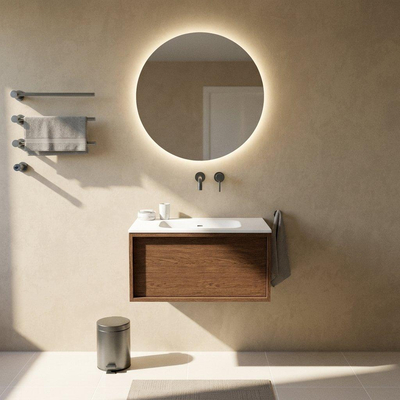 Saniclass Holz Frame Ensemble de meubles de salle de bains - 80x45x41.5cm - Flow lavabo en solid surface blanc - 1 vasque - sans trou de robinetterie - 1 tiroir - walnut pure mat (bois)