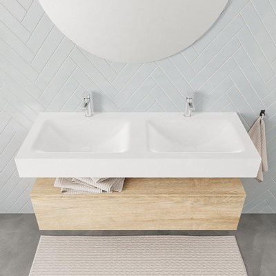 MONDIAZ ALAN 120cm - meuble bas - chêne lavé - 1 tiroir - lavabo suspendu - 2 vasques - 2 trous de robinet - talc