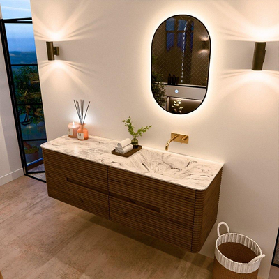 Mondiaz CIRO-DLUX Badkamermeubelset - 150x45x50cm - Solid surface wastafel Glace - 1 wasbak Rechts - zonder kraangaten - 4 lades - Dusk