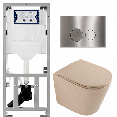 QeramiQ Dely Toiletset - 36.3x51.7cm - diepspoel - rimless - Geberit UP320 inbouwreservoir - softclose toilet zitting - steel bedieningsplaat - ronde knoppen - mat beige