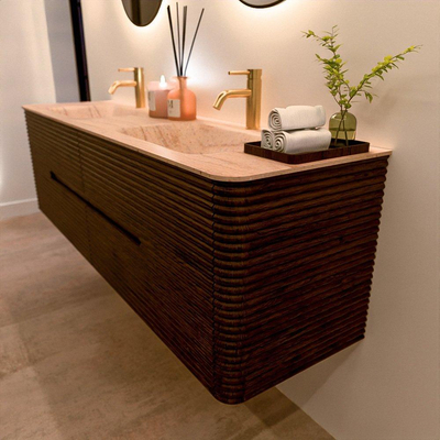 Mondiaz CIRO-DLUX Meuble de salle de bains - 170x45x50cm - Plan vasque solid surface Saba - 2 vasques double - 2 trous de robinetterie - 4 tiroirs - Noyer