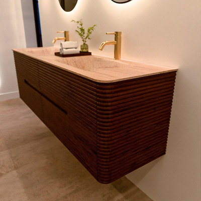 Mondiaz CIRO-DLUX Badkamermeubelset - 160x45x50cm - Solid surface wastafel Saba - 2 wasbak Dubbel - 2 kraangaten - 4 lades - Ruby