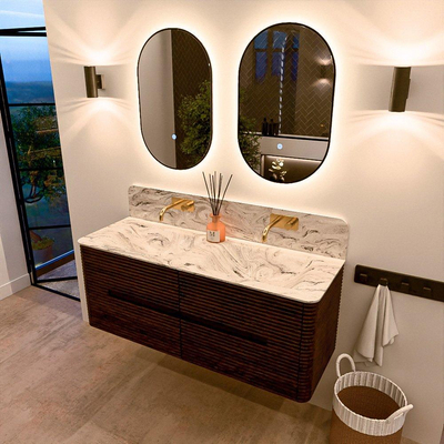 Mondiaz CIRO-DLUX Badkamermeubelset - 130x45x50cm - Solid surface wastafel Glace - 2 wasbak Dubbel - zonder kraangaten - 4 lades - Walnut