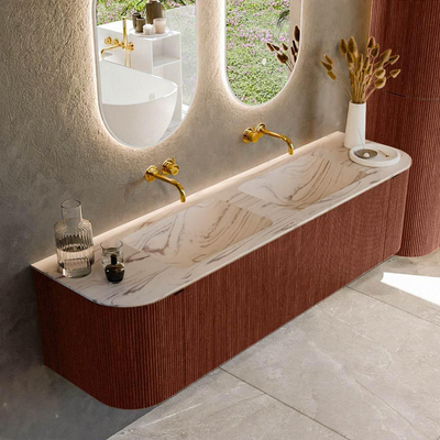MONDIAZ KURVE-DLUX 170cm meuble de salle de bains arrondi Gauche + Droite couleur Ruby avec 1 tiroir et 2 portes. Lavabo LEAF Double sans trou de robinet Nata.