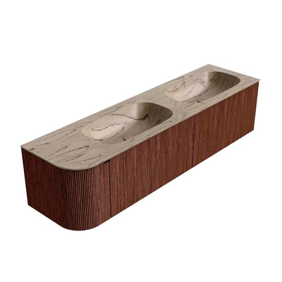 MONDIAZ KURVE-DLUX 175cm meuble de salle de bains arrondi Gauche couleur Ruby avec 2 tiroirs et 1 porte. Lavabo STOR SMALL Double / Droite sans trou de robinet Arena.