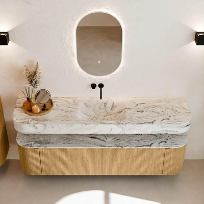 MONDIAZ THOR-DLUX 180cm badmeubel ronding links + rechts kleur Oak met 2 lades en 2 deuren. Vrijhangende wastafel CLOUD Midden zonder kraangat kleur Glace.