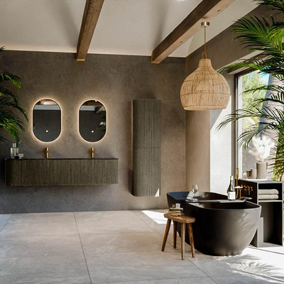 Mondiaz KURVE-DLUX Ensemble de meuble salle de bain - 175x46x40cm - 2 tiroirs - 1 porte - lavabo en solid surface - double / droite - 2 trous de robinet - Shadow