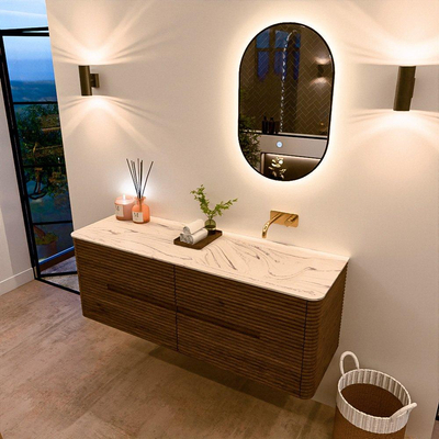 Mondiaz CIRO-DLUX Ensemble de meubles de salle de bains - 140x45x50cm - Plan vasque solid surface Nata - 1 lavabo à droite - sans trous de robinet - 4 tiroirs - Dusk
