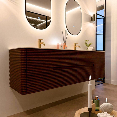 Mondiaz CIRO-DLUX Badkamermeubelset - 170x45x50cm - Solid surface wastafel Meli - 2 wasbak Dubbel - 2 kraangaten - 4 lades - Ruby