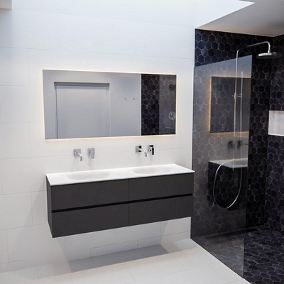MONDIAZ VICA Ensemble de meuble salle de bain - 150cm - 4 tiroirs - lavabo Moon double - 0 trous de robinet - solid surface gris foncé