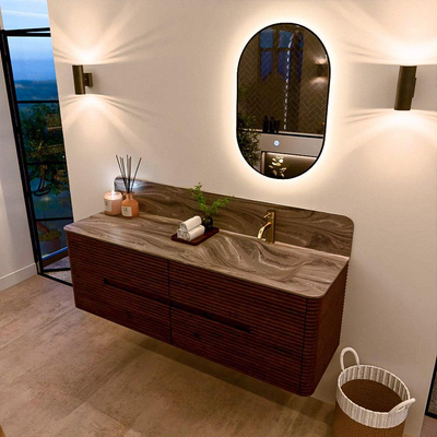 Mondiaz CIRO-DLUX Badkamermeubelset - 150x45x50cm - Solid surface wastafel Sombra - 1 wasbak Rechts - 1 kraangat - 4 lades - Ruby