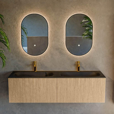 MONDIAZ KURVE Meuble de salle de bains 150 cm couleur Oak avec 2 tiroirs. Lavabo BIG SMALL double 2 trous de robinet Urban.