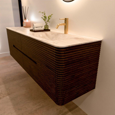 Mondiaz CIRO-DLUX Badkamermeubelset - 170x45x50cm - Solid surface wastafel Frappe - 1 wasbak Rechts - 1 kraangat - 4 lades - Walnut