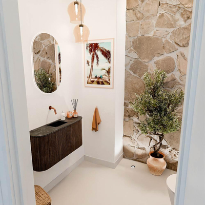 Mondiaz JOYA-DLUX 83.2cm toiletmeubel - ronding links en rechts kleur Walnut - Wastafel FAYE positie Midden Zonder kraangat kleur Lava.