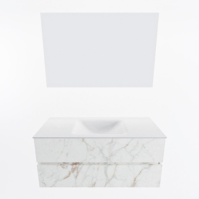 Mondiaz VICA ensemble de meuble de salle de bain - 110cm - meuble sous-vasque carrara - 2 tiroirs - lavabo cloud milieu - sans trous de robinet - couleur talc - miroir LED - version XL 60cm de haut