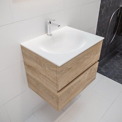 MONDIAZ VICA Ensemble de meuble salle de bain - 60cm - 2 tiroirs - lavabo Moon central - 1 trou de robinet - solid surface chêne blanchi