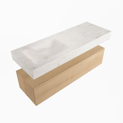 Mondiaz ALAN-DLUX Ensemble de meuble - 130cm - meuble Washed Oak mat - 1 tiroir - Lavabo Cloud Ostra suspendu - vasque Gauche - 0 trous de robinet