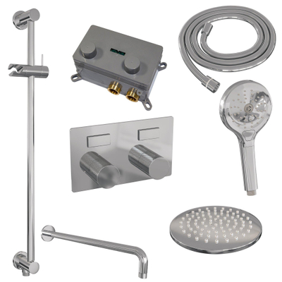 BRAUER Chrome Carving Douche de pluie thermostatique encastrée - boutons-poussoirs - SET 69 - pomme de douche 20cm - bras mural courbé - douchette 3 jets - flexible de douche - barre de douche intégrée - chrome