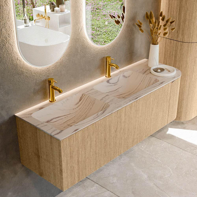MONDIAZ KURVE-DLUX 145cm badmeubel ronding Rechts kleur Oak met 1 lade en 1 deur. Wastafel LEAF Dubbel / Links 2 kraangaten Nata.