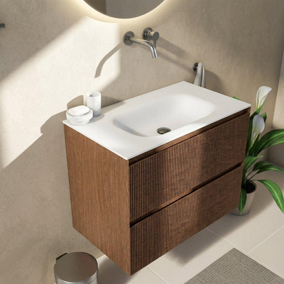 Saniclass Holz Atelier Ensemble meuble de salle de bains - 80x45x61.5cm - Flow lavabo en solid surface blanc - 1 vasque - sans trou de robinetterie - 2 tiroirs - walnut pure mat (bois)
