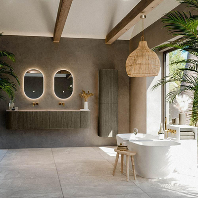 MONDIAZ KURVE-DLUX Meuble de salle de bains 190cm arrondi gauche + droite couleur Shadow avec 2 tiroirs et 2 portes. Plan vasque STOR SMALL Double sans trou de robinet Saba.