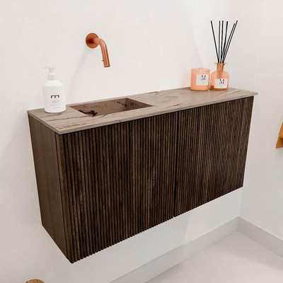 Mondiaz JOYA-DLUX 80cm toiletmeubel - kleur Walnut - Wastafel FAYE positie Links Zonder kraangat kleur Arena.