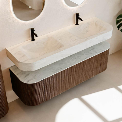 MONDIAZ THOR-DLUX 150cm meuble de salle de bains arrondi gauche + droite couleur Walnut avec 1 tiroir et 2 portes. Vasque suspendue CLOUD Double 2 trous de robinet couleur Opalo.