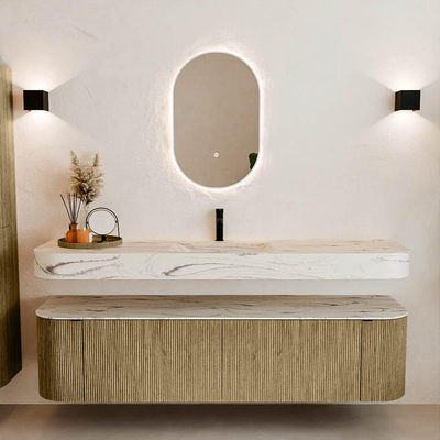 MONDIAZ THOR-DLUX 180cm badmeubel ronding links + rechts kleur Dusk met 2 lades en 2 deuren. Vrijhangende wastafel CLOUD Midden 1 kraangat kleur Nata.