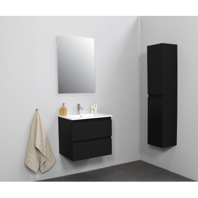 Basic Bella Badkamermeubelset - 60x55x46cm - 1 wasbak - Keramiek - Wit - 1 kraangat - Wandspiegel zonder verlichting - Melamine Zwart mat