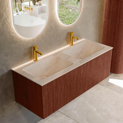MONDIAZ KURVE-DLUX 120cm badmeubel kleur Ruby met 1 lade en 0 deuren. Wastafel LEAF Dubbel 2 kraangaten Meli.