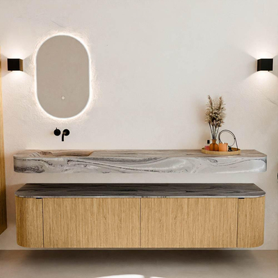 MONDIAZ THOR-DLUX 200cm meuble de salle de bains arrondi gauche + droite couleur Oak avec 2 tiroirs et 2 portes. Vasque suspendue CLOUD Gauche sans trou de robinet couleur Sombra.