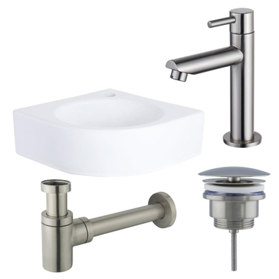 FortiFura Fuente Pack Lave-mains d'angle - 30x30x10cm - 1 trou de robinet - céramique - robinet Inox - Blanc