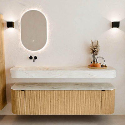 MONDIAZ THOR-DLUX 170cm meuble de salle de bains arrondi gauche + droite couleur Oak avec 1 tiroir et 2 portes. Vasque suspendue CLOUD Gauche sans trou de robinet couleur Ostra.