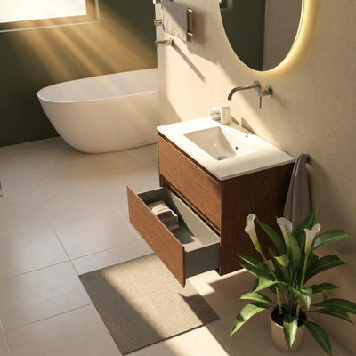 Saniclass Holz Pure Ensemble de meubles de salle de bains - 80x45x62cm - lavabo Vygo en céramique blanc - 1 vasque - sans trou de robinet - 2 tiroirs - walnut pure mat (bois)