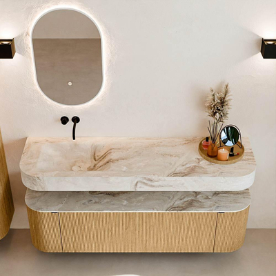 MONDIAZ THOR-DLUX 160cm badmeubel ronding links + rechts kleur Oak met 1 lade en 2 deuren. Vrijhangende wastafel CLOUD Links zonder kraangat kleur Frappe.