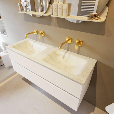 MONDIAZ VICA-DLUX Ensemble meuble de salle de bains - 130cm - meuble bas Talc - 2 tiroirs - vasque encastrée Cloud double - sans trous de robinet - version haute 60cm - Opalo