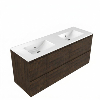 Saniclass Holz Atelier Ensemble meuble de salle de bains - 140x45x62cm - Lavabo Vygo en céramique blanc - 2 vasques - 2 trous de robinetterie - 4 tiroirs - chêne charcoal brillant (bois)