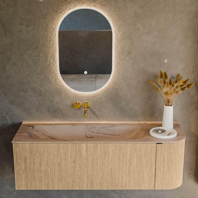 MONDIAZ KURVE-DLUX 135cm meuble de salle de bains courbe Droite couleur Chêne avec 1 tiroir et 1 porte. Lavabo BIG MEDIUM Gauche sans trou de robinet Arena.