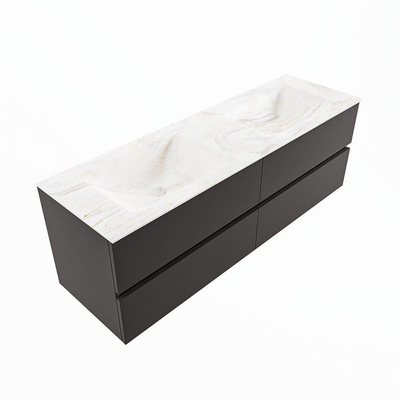 Mondiaz VICA-DLUX ensemble de meuble de salle de bain - 150cm - meuble sous-vasque gris foncé - 4 tiroirs - lavabo encastré cloud double - 2 trous de robinet - version haute de 60cm - ostra