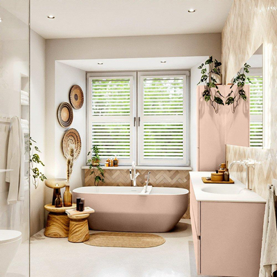 MONDIAZ VICA Ensemble meuble de salle de bains - 200cm - meuble bas rosee - 4 tiroirs - lavabo moon à droite - 1 trou de robinet - version haute 60cm - talc