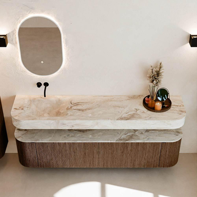 MONDIAZ THOR-DLUX Meuble de salle de bains 190cm arrondi gauche + droite couleur Walnut avec 2 tiroirs et 2 portes. Vasque suspendue CLOUD Gauche sans trou de robinet couleur Frappe.